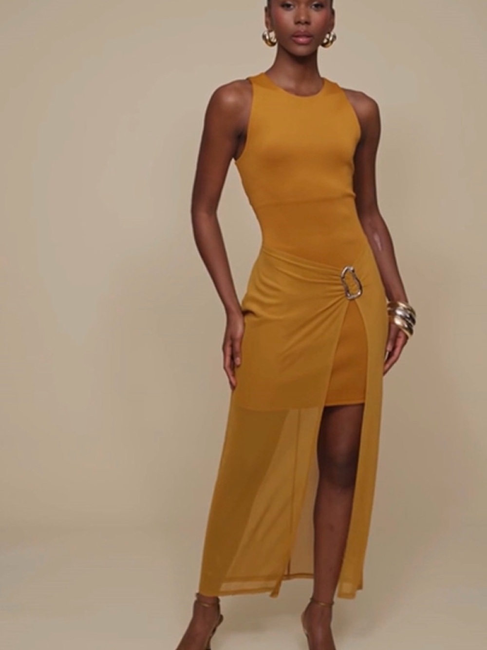 Avec Les Filles Mustard High-Low Sheer Overlay Dress